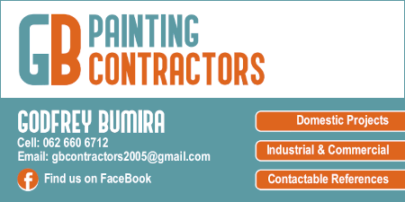 GB PAINTING CONTRACTORS- Domestic Projects- Industrial & Commercial- Contactable References Godfrey BumiraCell: 062 660 6712Email: gbcontractors2005@gmail.comFind us on Facebook