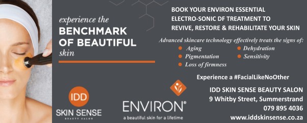IDD Skin Sense Beauty Salon
experience the Benchmark of Beautiful Skin
Book your Environ Essential Electro-Sonic DF Treatment to 
Revive, Restore & Rehabilitate your skin
Advanced skincare technology effectively treats the signs of:
Aging - Dehydration - Pigmentation - Sensitivity - Loss of firmness
Experience a #FacialLikeNoOther
9 Whitby Street, Summerstrand
079 895 4036
www.iddskinsense.co.za
